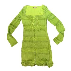 Bailey Rose Lime Green Lace Tiered Lace-Up Front Mini Dress BRD2334 Womens Small